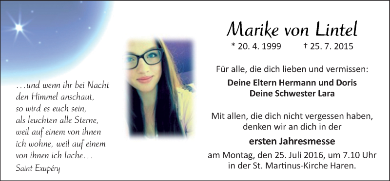  Traueranzeige für Marike von Lintel vom 23.07.2016 aus Neue Osnabrücker Zeitung GmbH & Co. KG