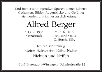 Traueranzeige von Alfred Berger von Neue Osnabrücker Zeitung GmbH & Co. KG