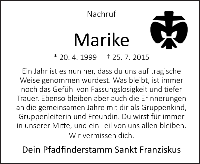  Traueranzeige für Marike von Lintel vom 25.07.2016 aus Neue Osnabrücker Zeitung GmbH & Co. KG