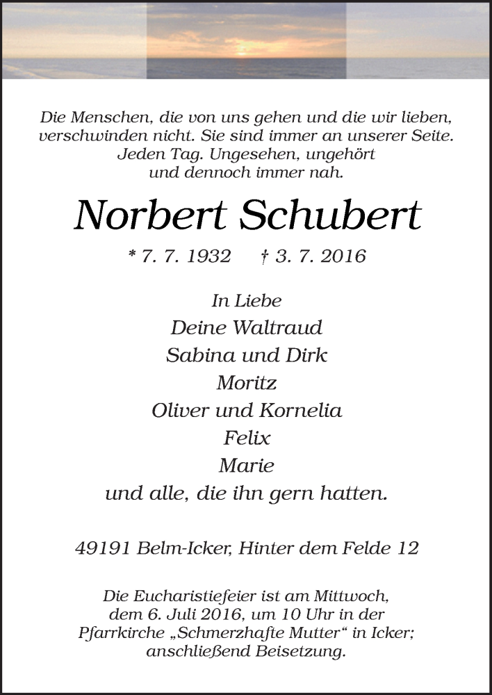  Traueranzeige für Norbert Schubert vom 04.07.2016 aus Neue Osnabrücker Zeitung GmbH & Co. KG