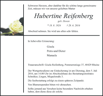 Traueranzeige von Hubertine Reifenberg von Neue Osnabrücker Zeitung GmbH & Co. KG