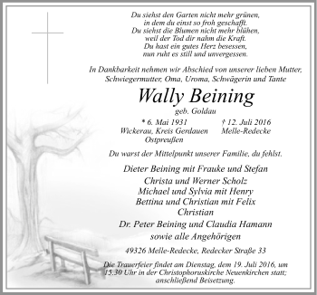 Traueranzeige von Wally Beining von Neue Osnabrücker Zeitung GmbH & Co. KG