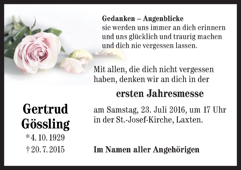  Traueranzeige für Gertrud Gössling vom 20.07.2016 aus Neue Osnabrücker Zeitung GmbH & Co. KG