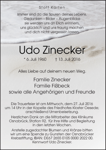 Traueranzeige von Udo Zinecker von Neue Osnabrücker Zeitung GmbH & Co. KG