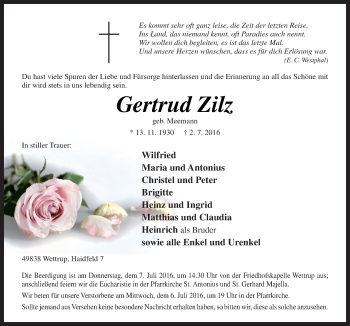 Traueranzeige von Gertrud Zilz von Neue Osnabrücker Zeitung GmbH & Co. KG