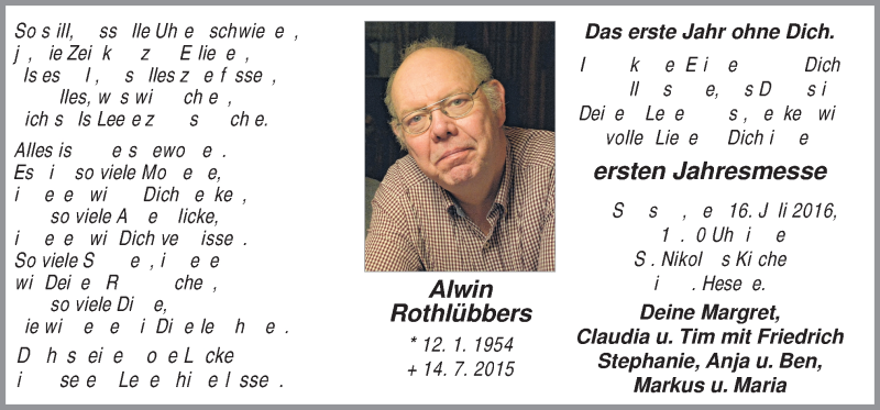  Traueranzeige für Alwin Rothlübbers vom 14.07.2016 aus Neue Osnabrücker Zeitung GmbH & Co. KG