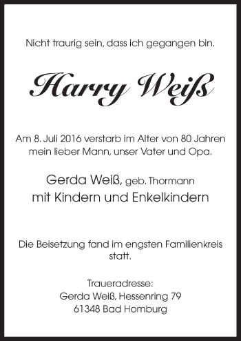 Traueranzeige von Harry Weiß von Neue Osnabrücker Zeitung GmbH & Co. KG