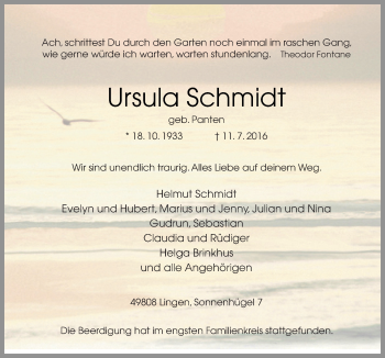 Traueranzeige von Ursula Schmidt von Neue Osnabrücker Zeitung GmbH & Co. KG