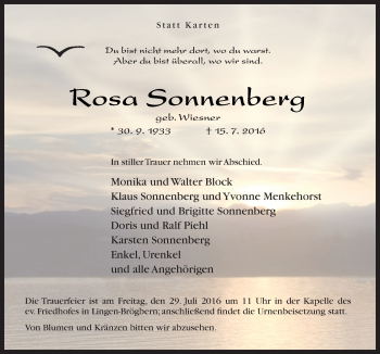 Traueranzeige von Rosa Sonnenberg von Neue Osnabrücker Zeitung GmbH & Co. KG