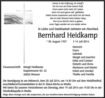 Traueranzeige von Bernhard Heidkamp von Neue Osnabrücker Zeitung GmbH & Co. KG