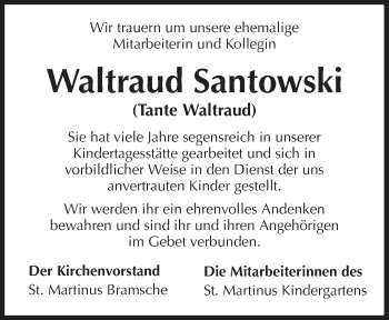 Traueranzeige von Waltraud Santowski von Neue Osnabrücker Zeitung GmbH & Co. KG