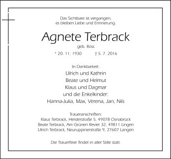 Traueranzeige von Agnete Terbrack von Neue Osnabrücker Zeitung GmbH & Co. KG