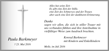 Traueranzeige von Paula Barkmeyer von Neue Osnabrücker Zeitung GmbH & Co. KG