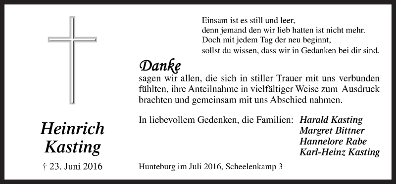  Traueranzeige für Heinrich Kasting vom 30.07.2016 aus Neue Osnabrücker Zeitung GmbH & Co. KG