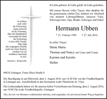 Traueranzeige von Hermann Ubben von Neue Osnabrücker Zeitung GmbH & Co. KG