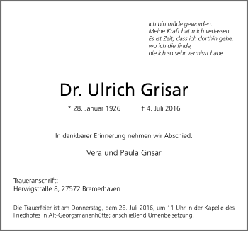 Traueranzeige von Ulrich Grisar von Neue Osnabrücker Zeitung GmbH & Co. KG