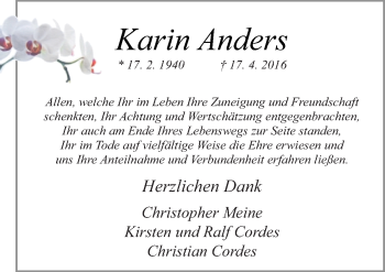 Traueranzeige von Karin Anders von Neue Osnabrücker Zeitung GmbH & Co. KG