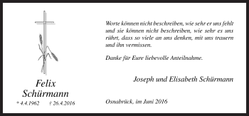 Traueranzeige von Felix Schürmann von Neue Osnabrücker Zeitung GmbH & Co. KG