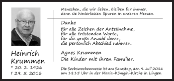 Traueranzeige von Heinrich Krummen von Neue Osnabrücker Zeitung GmbH & Co. KG