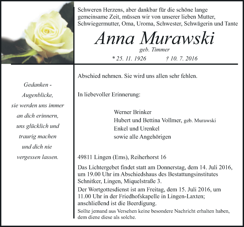  Traueranzeige für Anna Murawski vom 12.07.2016 aus Neue Osnabrücker Zeitung GmbH & Co. KG