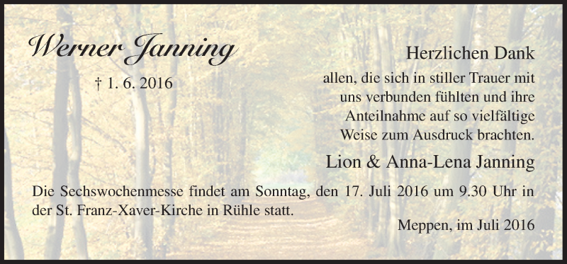  Traueranzeige für Werner Janning vom 16.07.2016 aus Neue Osnabrücker Zeitung GmbH & Co. KG