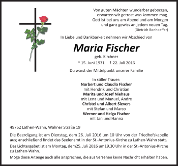 Traueranzeige von Maria Fischer von Neue Osnabrücker Zeitung GmbH & Co. KG
