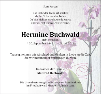 Traueranzeige von Hermine Buchwald von Neue Osnabrücker Zeitung GmbH & Co. KG