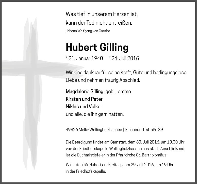  Traueranzeige für Hubert Gilling vom 27.07.2016 aus Neue Osnabrücker Zeitung GmbH & Co. KG
