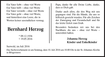 Traueranzeige von Bernhard Herzog von Neue Osnabrücker Zeitung GmbH & Co. KG