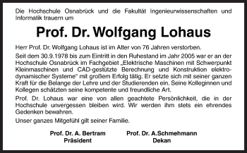 Traueranzeige von Wolfgang Lohaus von Neue Osnabrücker Zeitung GmbH & Co. KG