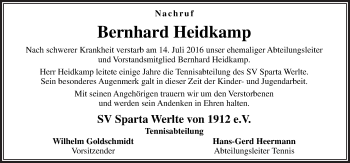 Traueranzeige von Bernhard Heidkamp von Neue Osnabrücker Zeitung GmbH & Co. KG