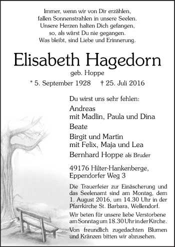 Traueranzeige von Elisabeth Hagedorn von Neue Osnabrücker Zeitung GmbH & Co. KG