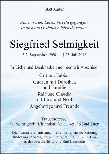 Traueranzeige von Siegfried Selmigkeit von Neue Osnabrücker Zeitung GmbH & Co. KG