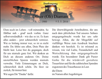 Traueranzeige von Oliver Diamant von Neue Osnabrücker Zeitung GmbH & Co. KG