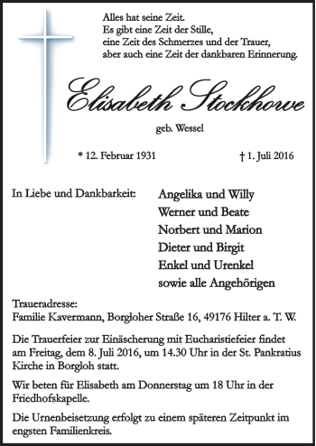 Traueranzeige von Elisabeth Stockhowe von Neue Osnabrücker Zeitung GmbH & Co. KG