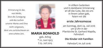 Traueranzeige von Maria Bonhold von Neue Osnabrücker Zeitung GmbH & Co. KG