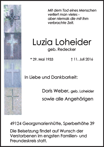 Traueranzeige von Luzia Loheider von Neue Osnabrücker Zeitung GmbH & Co. KG