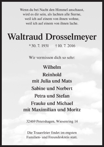 Traueranzeige von Waltraud Drosselmeyer von Neue Osnabrücker Zeitung GmbH & Co. KG