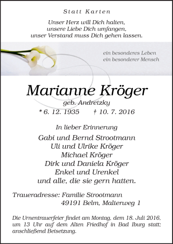 Traueranzeige von Marianne Kröger von Neue Osnabrücker Zeitung GmbH & Co. KG