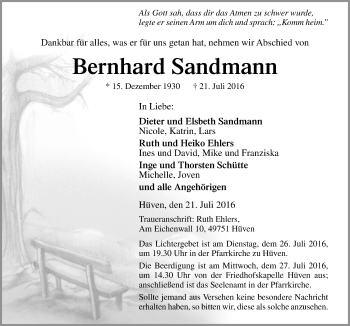 Traueranzeige von Bernhard Sandmann von Neue Osnabrücker Zeitung GmbH & Co. KG