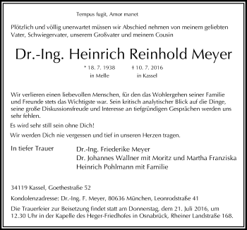 Traueranzeige von Heinrich Reinhold Meyer von Neue Osnabrücker Zeitung GmbH & Co. KG