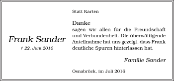 Traueranzeige von Frank Sander von Neue Osnabrücker Zeitung GmbH & Co. KG
