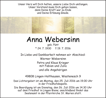 Traueranzeige von Anna Webersinn von Neue Osnabrücker Zeitung GmbH & Co. KG