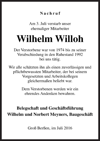 Traueranzeige von Wilhelm Willoh von Neue Osnabrücker Zeitung GmbH & Co. KG