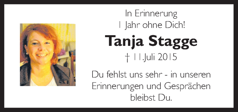  Traueranzeige für Tanja Stagge vom 11.07.2016 aus Neue Osnabrücker Zeitung GmbH & Co. KG