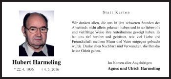 Traueranzeige von Hubert Harmeling von Neue Osnabrücker Zeitung GmbH & Co. KG