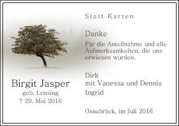 Traueranzeige von Birgit Jasper von Neue Osnabrücker Zeitung GmbH & Co. KG