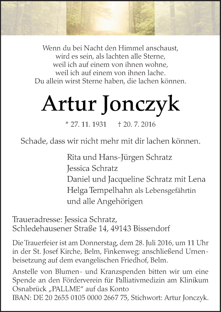  Traueranzeige für Artur Jonczyk vom 23.07.2016 aus Neue Osnabrücker Zeitung GmbH & Co. KG