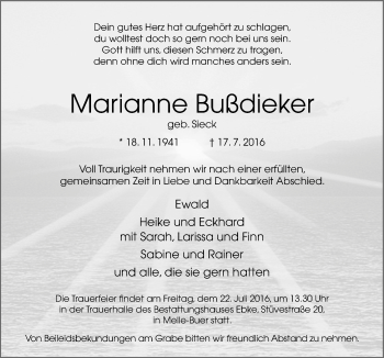 Traueranzeige von Marianne Bußdieker von Neue Osnabrücker Zeitung GmbH & Co. KG