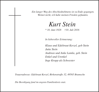 Traueranzeige von Kurt Stein von Neue Osnabrücker Zeitung GmbH & Co. KG